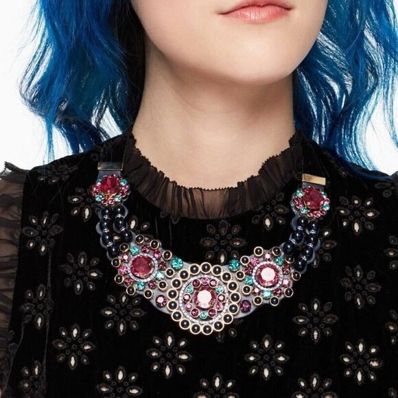 kate spade Jewelry - Kate Spade Statement Necklace Leather Crystal Pearl Beads Victorian Box